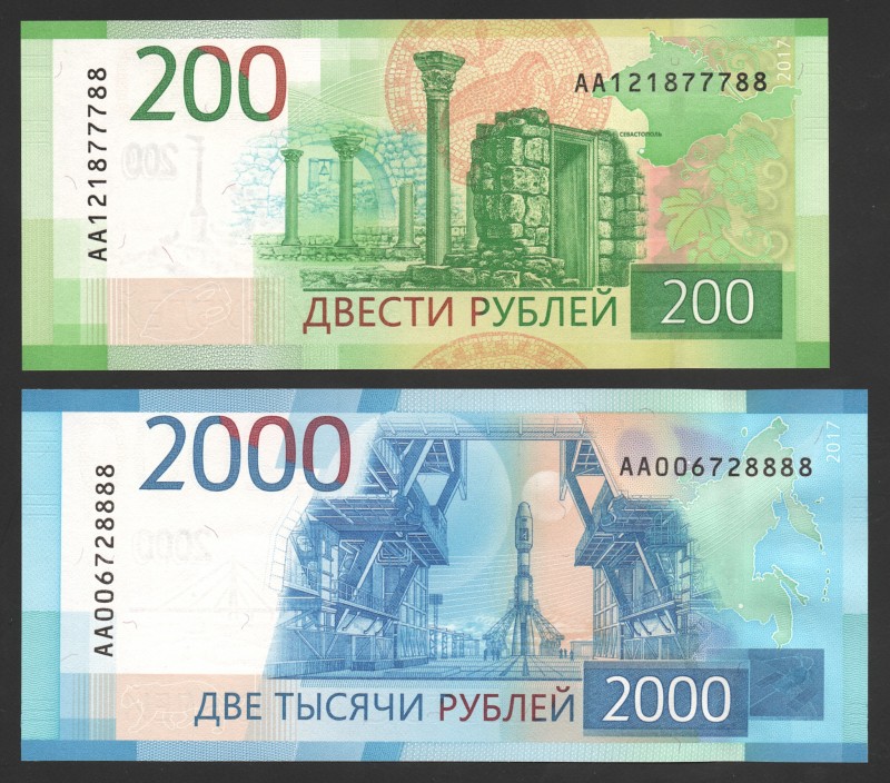 Russia 200 & 2000 Roubles 2017 Fine Numbers!
P# New; № AA 121877788 & AA 006728...