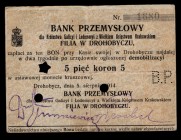 Ukraine 5 Koron 1914 Drogobych
P# R-14189; Industrial Bank of Galicya; Oval stamp; VF