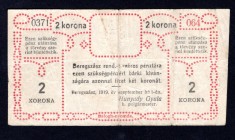 Ukraine 2 Korona 1919 Beregovo
P# R-13600; City Government; VF