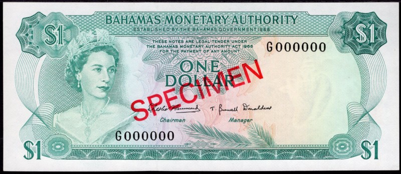 Bahamas 1 Dollar 1968 Specimen RARE!
P# 27s; № G 000000; UNC; W/mark Shellfish;...