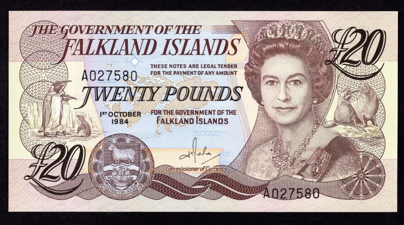 Falkland Islands 20 Pounds 1984
P# 15; 1.10.1984. UNC. Not common note.