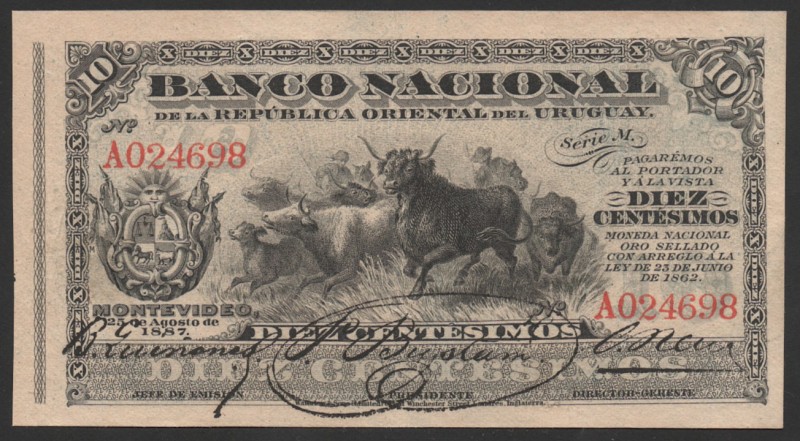 Uruguay 10 Centésimos 1887
P# A87a; UNC; RARE!