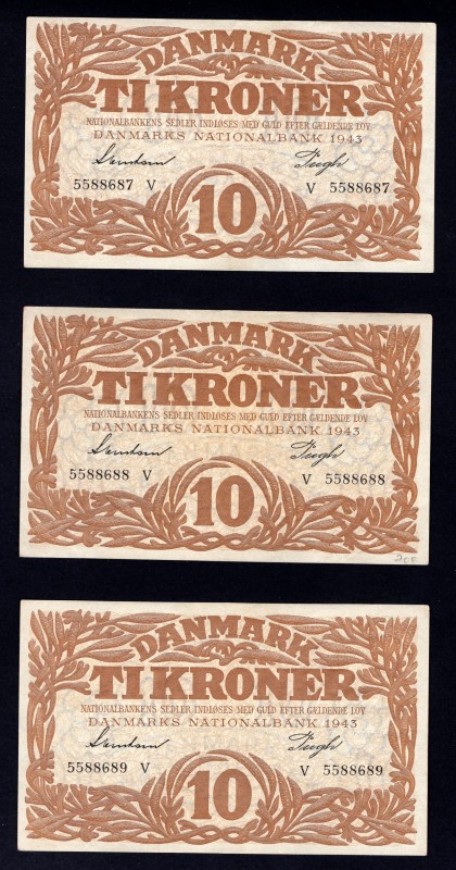 Denmark 10 Kroner 1943 Prefix V Lot of 3 Consecutive Banknotes
P# 31p. XF-AUNC, ...