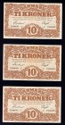 Denmark 10 Kroner 1943 Prefix V Lot of 3 Consecutive Banknotes
P# 31p. XF-AUNC, 3 banknotes with Consequitive numbers. Rare.