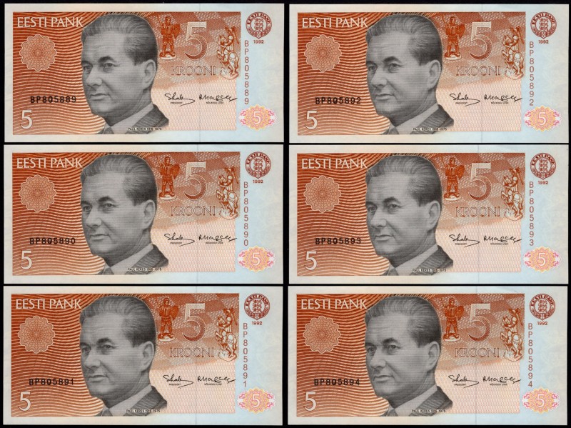 Estonia Lot of 6 Banknotes with Consecutive Numbers 1992
5 Krooni 1992; #BP 805...