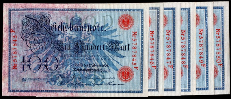 Germany - Empire Lot of 6 Consecutive Banknotes 1908
# 5787845-5787850; Six Con...