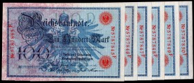 Germany - Empire Lot of 6 Consecutive Banknotes 1908
# 5787845-5787850; Six Consecutive Banknotes; 100 Mark 07.02.1908; P# 33a