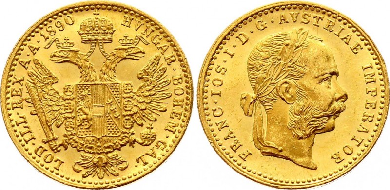 Austria Dukat 1890
KM# 2267; Franz Joseph I. Gold (.986), 3.49g. UNC with full ...