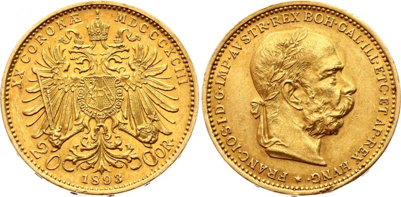 Austria 20 Corona 1893
KM# 2806; Gold (.900) 6.78g 21mm; Franz Joseph I