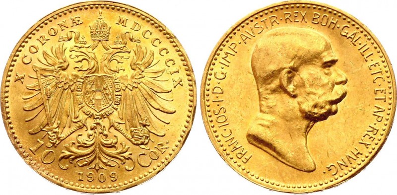 Austria 10 Corona 1909
KM# 2815; Franz Joseph I; Gold (.900) 3.39g. lustrous. U...