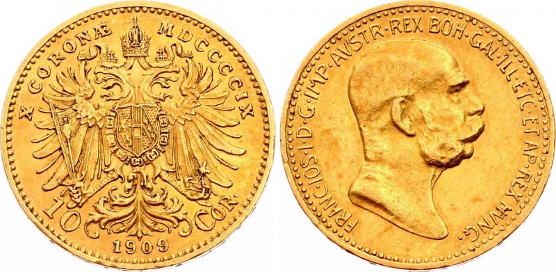 Austria 10 Corona 1909
KM# 2815; Franz Joseph I; Gold (.900) 3.39g. lustrous. A...