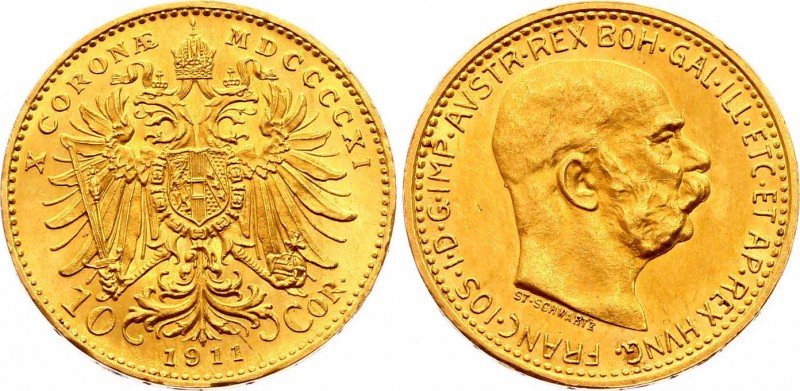 Austria 10 Corona 1911 St Schwartz
KM# 2816; Franz Joseph I; Gold (.900) 3.39 g...