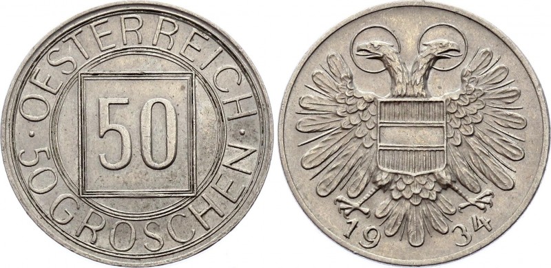 Austria 50 Groschen 1934
KM# 2850; Copper-Nickel; Rare