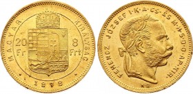 Hungary 8 Forint 20 Francs 1878 KB
KM# 455.1; Gold (.900) 6,45g.; Franz Joseph I Obv: Laureate head, right Rev: Crowned shield divides value within c...