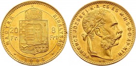 Hungary 8 Forint 20 Francs 1882 KB
KM# 467; Gold (.900) 6,45g.; Franz Joseph I Obv: Laureate head, right Rev: Crowned shield divides value within cir...