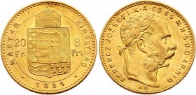 Hungary 8 Forint 20 Francs 1889 KB
KM# 467; Gold (.900) 6,45g.; Franz Joseph I Obv: Laureate head, right Rev: Crowned shield divides value within cir...