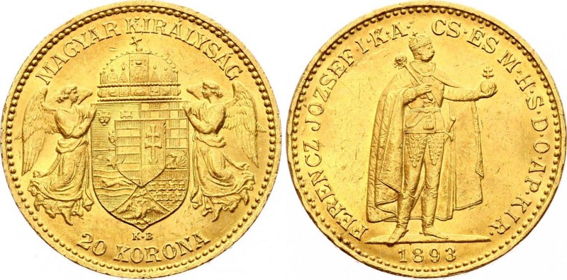 Hungary 20 Korona 1893 KB - Kremnitz
KM# 486; Franz Joseph I, Kremnitz. Gold (....