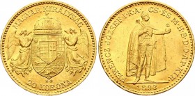 Hungary 20 Korona 1893 KB - Kremnitz
KM# 486; Franz Joseph I, Kremnitz. Gold (.900) 6,78g. AUNC.