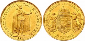 Hungary 10 Korona 1911 KB
KM# 485; Franz Joseph I; Gold (.900), 3.39 g. AUNC.