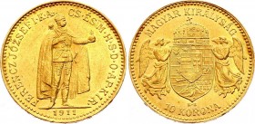 Hungary 10 Korona 1911 KB
KM# 485; Franz Joseph I; Gold (.900), 3.39 g. AUNC.