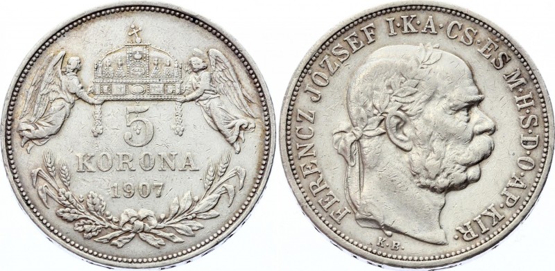 Hungary 5 Korona 1907 KB
KM# 488; Silver; Franz Joseph I; XF