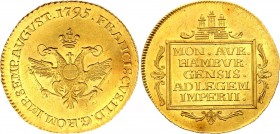 German States Hamburg 2 Dukat 1795 RR
Gaed. 67; Fr. 1135. Franz II. Münzmeister Otto Heinrich Knorre. Gold, 6.96g. Lustrous UNC with minor hairlines....