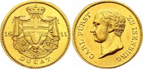 German States Isenburg 2 Dukat 1811 RR
Fr. 1357; Carl Friedrich, 1806-1815. Bare head of Napoleon's ally l. by J. Laroque. Gold, 6.96g. UNC with clean...