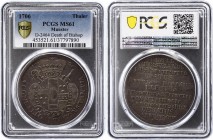 German States Munster Thaler 1706 PCGS MS61
KM# 135, Dav. 2464A. Friedrich Christian. Struck upon the death of the bishop. Silver, UNC. Extremely rar...