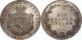 German States Nassau-Weilburg Kronentaler 1817 CT
Dav. 741, J. 32a; Wilhelm, 1816-1839. Limburg Mint. Silver, UNC. Great dark patina, full mint luste...
