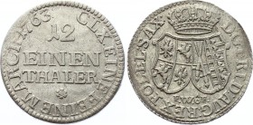 German States Saxony 1/12 Thaler 1763 FWoF
KM# 953; Friedrich Christian, 1763. Dresden mint. Mintmark under the shield. Probe. Silver, AUNC, mint lust...