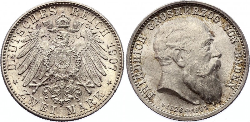 Germany - Empire Baden 2 Mark 1907 G
KM# 278; Silver; Friedrich I; Death of Fri...