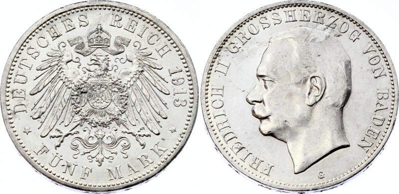 Germany - Empire Baden 5 Mark 1913 G
Jaeger# 40; Silver, Mintage 240000; UNC; D...