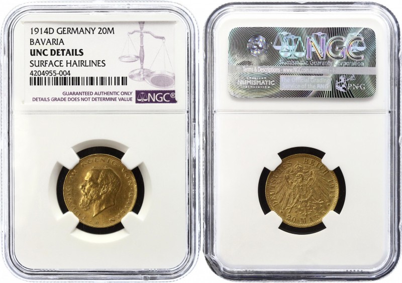 Germany - Empire Bavaria 20 Mark 1914 D NGC UNC
KM# 1009, J. 202; Ludwig III vo...