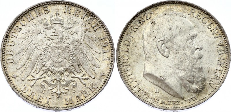 Germany - Empire Bavaria 3 Mark 1911 D Leopold
Jaeger# 49; Silver, Mintage 6400...