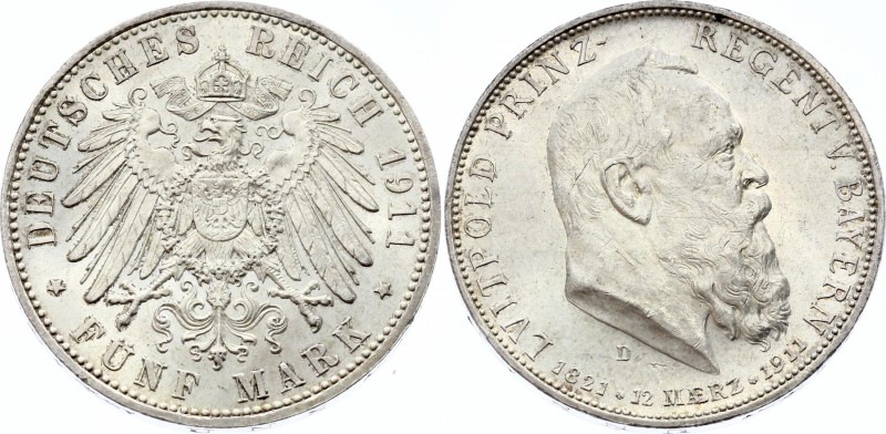 Germany - Empire Bavaria 5 Mark 1911 D Leopold
Jaeger# 50; Silver, Mintage 1300...