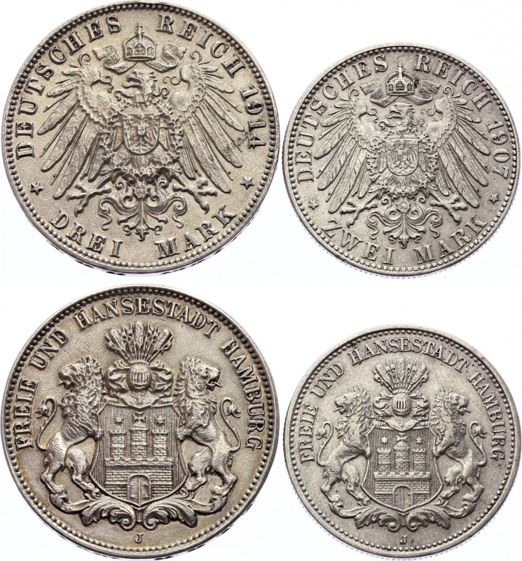 Germany - Empire Hamburg 2 Mark 1907 J & 3 Mark 1914 J
Silver, XF.