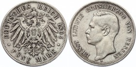 Germany - Empire Hessen 5 Mark 1895 A
Jaeger# 73; Silver, Mintage 39000; VF+; Deutsches Kaiserreich Hessen Hessen 5 Mark 1895