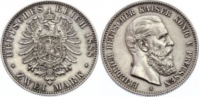 Germany - Empire Prussia 2 Mark 1888 A
Jaeger# 98; Friedrich III. Mintage 500000; Silver, UNC; Deutsches Kaiserreich Preussen 2 Mark 1888 A.