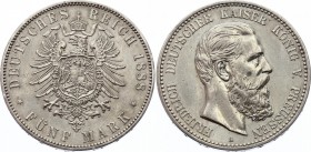 Germany - Empire Prussia 5 Mark 1888 A
Jaeger# 99; Friedrich III. Mintage 200000; Silver, AU-; Deutsches Kaiserreich Preussen 5 Mark 1888 A.