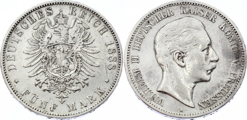 Germany - Empire Prussia 5 Mark 1888 A Willhelm II
Jaeger# 101; Silver, Mintage...