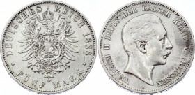 Germany - Empire Prussia 5 Mark 1888 A Willhelm II
Jaeger# 101; Silver, Mintage 56000; VF+; Deutsches Kaiserreich Preussen 5 Mark 1888