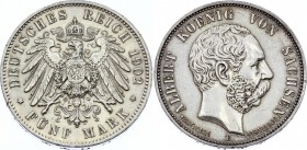 Germany - Empire Sachsen Albertine 5 Mark 1902 E Albert Death
Jaeger# 128; Silver, Mintage 100000; XF-AU; Deutsches Kaiserreich Sachsen Saxony Albert...