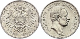 Germany - Empire Saxony 5 Mark 1914 E
KM# 1266; Silver; Friedrich August III; aUNC Mint Luster Remains