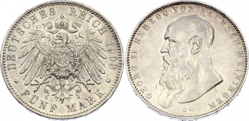 Germany - Empire Sachsen Meiningen 5 Mark 1908 D Short Beard
Jaeger# 153b; Silv...