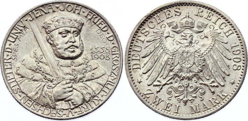 Germany - Empire Saxe-Weimar-Eisenach 2 Mark 1908 A
KM# 219; J. 160; SIlver; Wi...