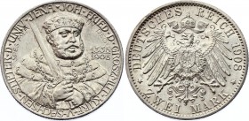 Germany - Empire Saxe-Weimar-Eisenach 2 Mark 1908 A
KM# 219; J. 160; SIlver; Wilhelm Ernst; Jena University 350th Anniversary; UNC.