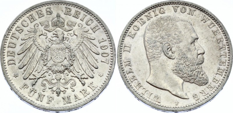 Germany - Empire Württemberg 5 Mark 1907 F
Jaeger# 176; Silver, Mintage 420000;...