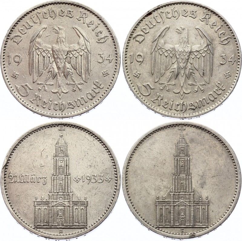 Germany - Third Reich Lot of 2 Coins 5 Reichsmark 1934 A & F
KM# 82&83; Silver;...