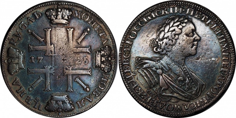 Russia 1 Rouble 1725 СПБ Sun Rouble RR
Conros# 4200 R2! GM 416; Silver, VF, bea...