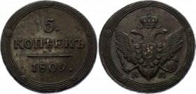 Russia 5 Kopeks 1809 KM RR
Bit# 425 R1; 5 Roubles by Petrov; 3 Roubles by Ilyin; Copper 48,32g.; Natural Patina and colour; Rare in this condition. A...